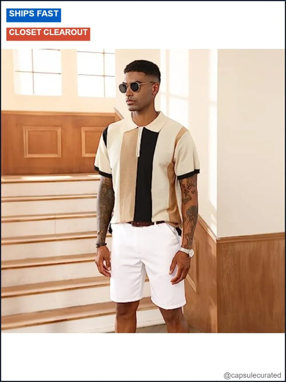 Men's Vintage Striped Polo Shirt Slim Fit Short Sleeve Knit Golf Tops